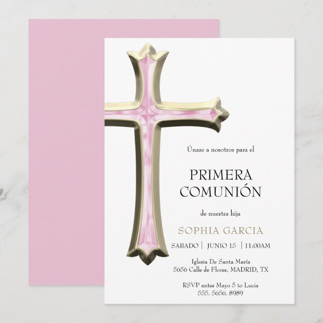 Convites Comunhão Cross Classy Dourada e Rosa (Frente/Verso)