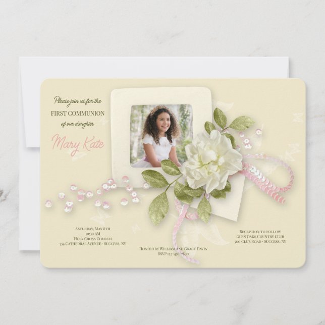 Convites Comunhão de Fotos de Gardênia e Borboletas (Frente)