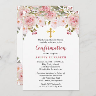 Convites Comunhão de menina com floral de Cor de Água Rosa 