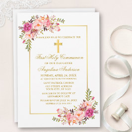 Convites Comunhão Dourado Floral Cor-de-Água Rosa