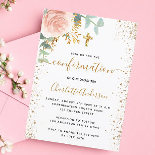 Convites Comunhão eucalipto pincel cor-de-rosa menina flora