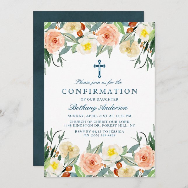 Convites Comunhão Floral Elegante Ou Confirmação (Frente/Verso)