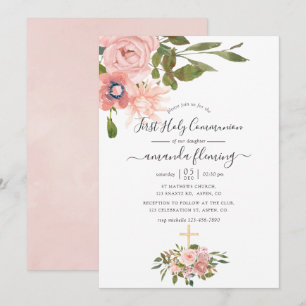 Convites Comunhão floral em aquarela Bege e Dourado Rosa