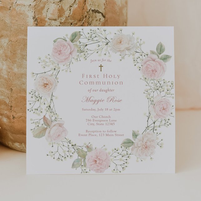 Convites Comunhão Menina com Rosas Cor-de-Rosa e Respirar d (Criador carregado)
