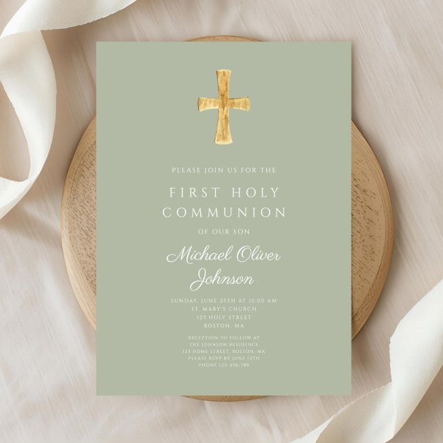 Convites Comunhão Moderna Cruz Verde Oliva Religiosa Primei (Modern Sage Green Cross Religious First Communion Invitation)