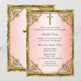 Convites Comunhão Rosa Dourado Bege Pérola Damask Cruz