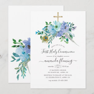 Convites Comunhão Santa Floral Boho Aguarela Azul e Hortelã