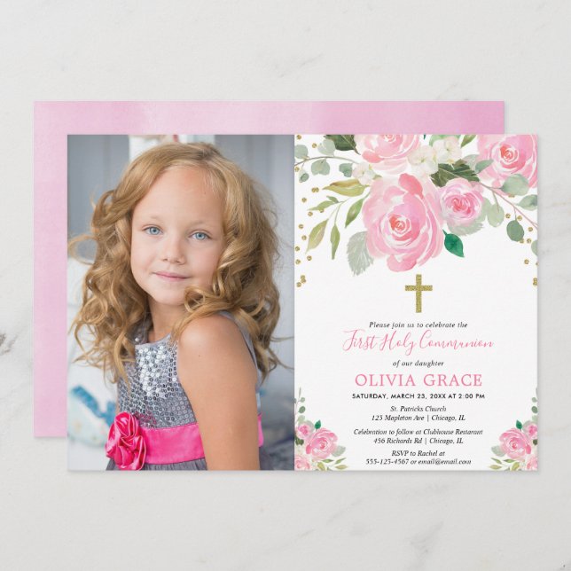 Convites Comunhão santamente floral da menina o primeiro (Frente/Verso)