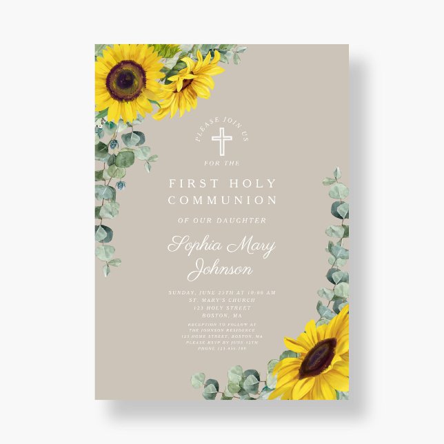 Convites Comunhão Sol Cruz de Girassol Eucalipto Bege (Sunflower Eucalyptus Taupe Cross First Communion Invitation)