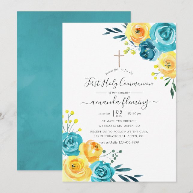 Convites Comunhão Turquesa e Amarela Floral (Frente/Verso)