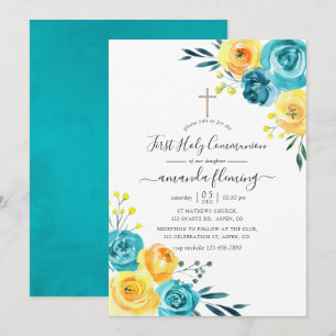 Convites Comunhão Turquesa e Amarela Floral