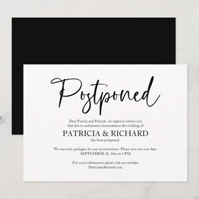 Convites Comunicado de Adiamento de Casamento Mudança nos P (Frente/Verso)