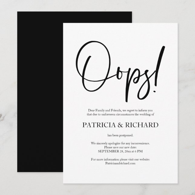 Convites Comunicado de Adiamento de Casamento Oops Simples  (Frente/Verso)