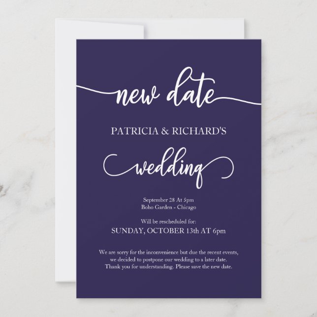 Convites Comunicado de Casamento Adiado para Nova Data Azul (Frente)