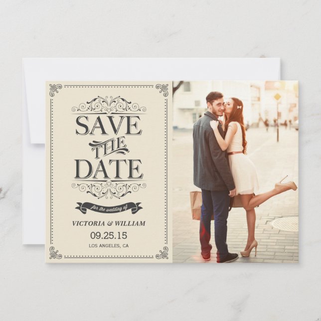 Convites Comunicado de Save the Date Elegante Branco Antigo (Frente)