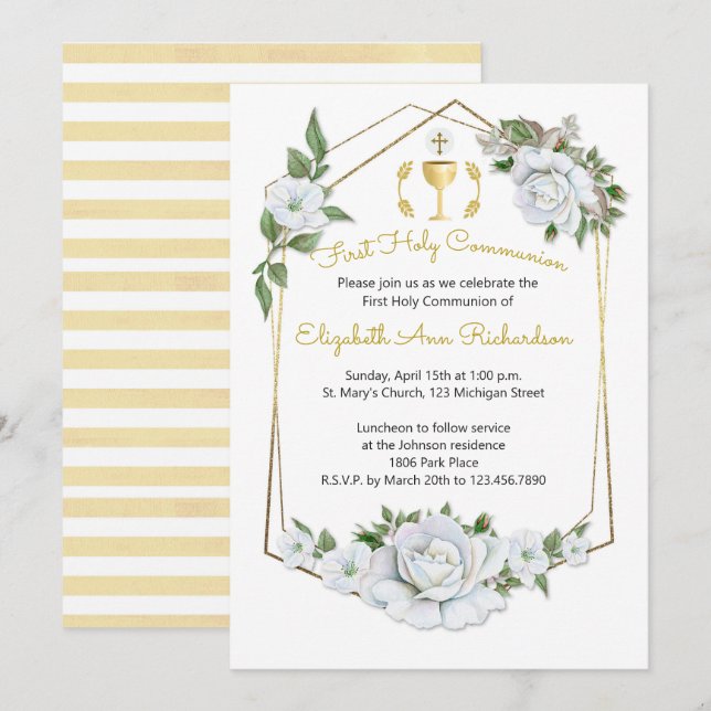 Convites Comunidade de Moldura Geométrica de Rosas Brancas  (Frente/Verso)