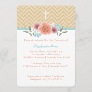 Convites Comunion Floral Swag in Dourado and Aqua