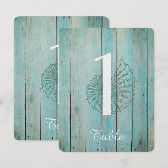 Convites Concha Azul Sobre Número da Mesa de Casamento de M (Frente/Verso)