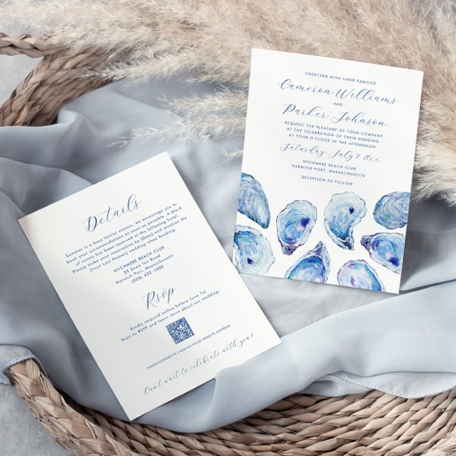 Convites Concha de Ostra Azul QR code RSVP Casamento Tudo-e (Oyster all-in-one beach watercolor wedding invitation with QR code RSVP and details on the back)