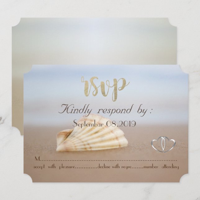 Convites Concha de Praia, Corações RSVP (Frente/Verso)