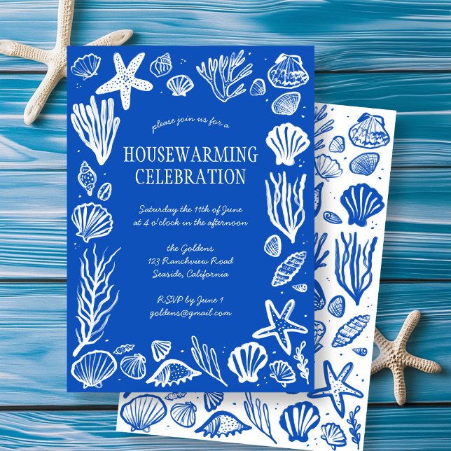 Convites Conchas Azuis Personalizadas FESTA DE INAUGURAÇÃO  (Blue Seashells Custom HOUSEWARMING PARTY Invitation
)
