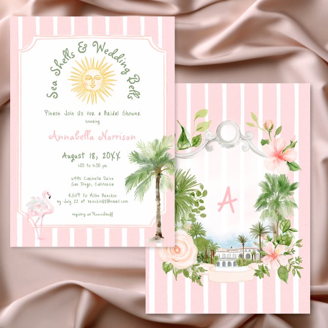 Convites Conchas de Listra Rosa e Sininhos de Casamento Chá (Pink Stripe Shells & Wedding Bells Bridal Shower Invitation)