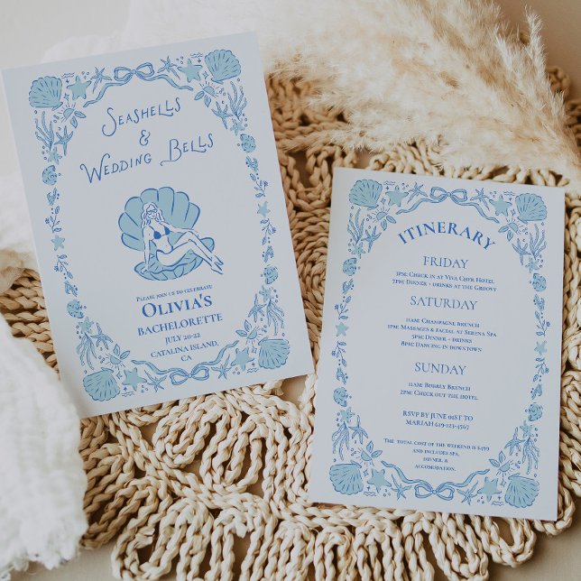 Convites Conchas de Moluscos Sininhos de Casamento Bela Don (Seashells Wedding Bells Whimsical Bachelorette Blue Invitation)