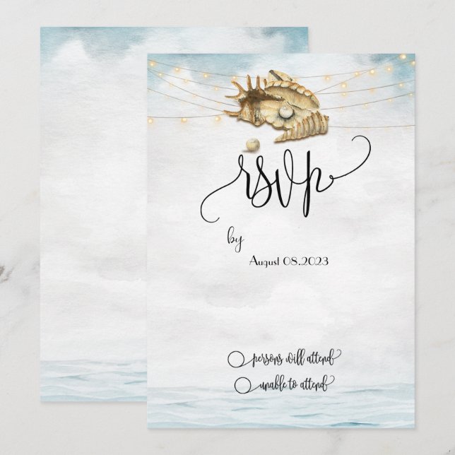 Convites Conchas do Mar, Mar, Luzes de Corda Script RSVP (Frente/Verso)