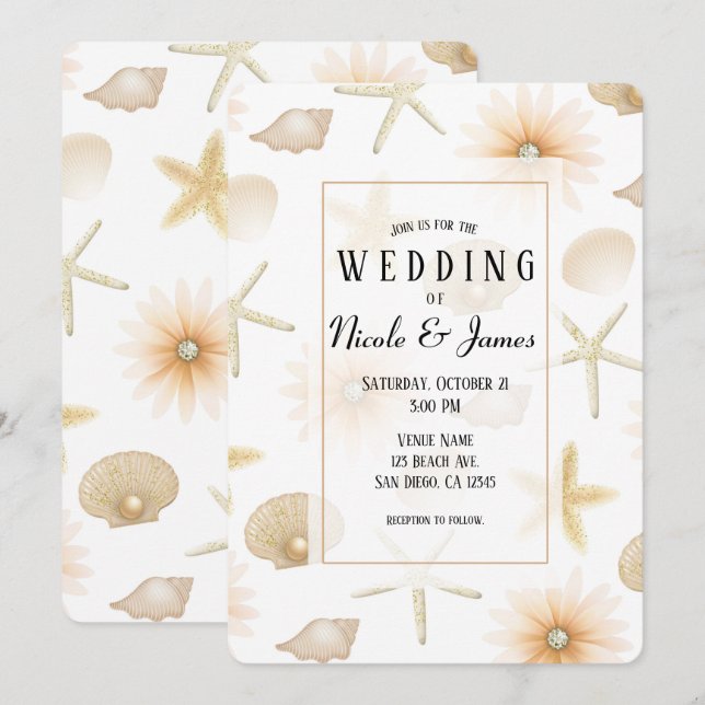 Convites Conchas e Flores de Praia em Peach Beach Casamento (Frente/Verso)