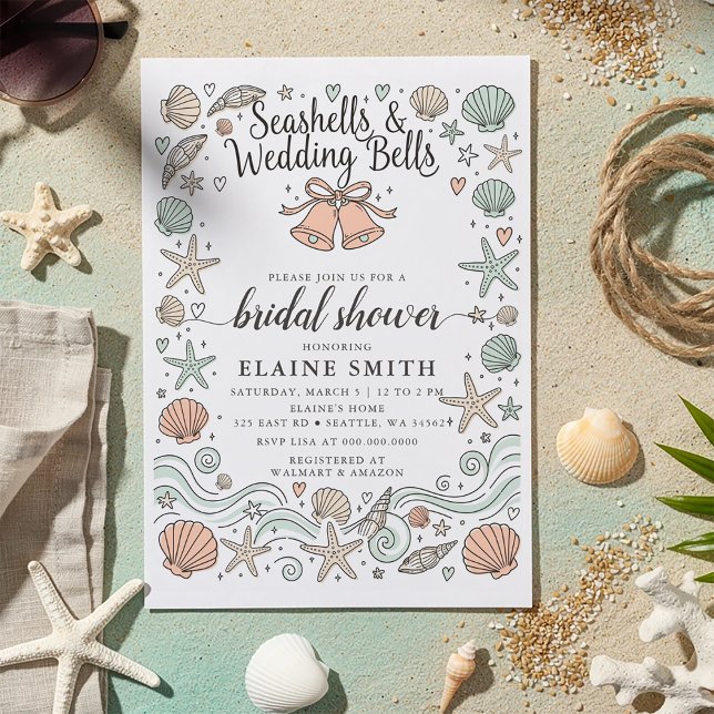 Convites Conchas e Sininhos de Casamento Chuveiro de Noiva  (Seashells and Wedding Bells Beach Bridal Shower Invitation)
