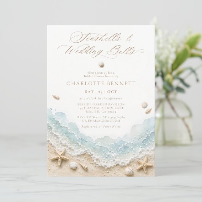 Convites Conchas Marinhas e Sininhos de Casamento Chás de N (Em pé/Frente)