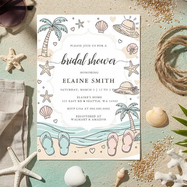 Convites Conchas Marinhas e Sininhos de Casamento Chuveiro  (Seashells and Wedding Bells Beach Bridal Shower Invitation)