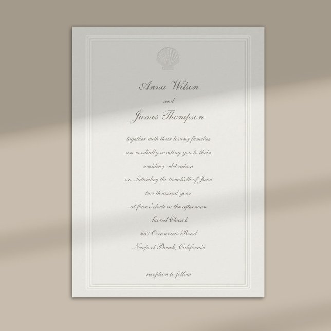 Convites Conchas Marinhas Navais Bege Formal Casamento (nautical coastal wedding invitation modern classic formal traditional elegant shell ecru frame)