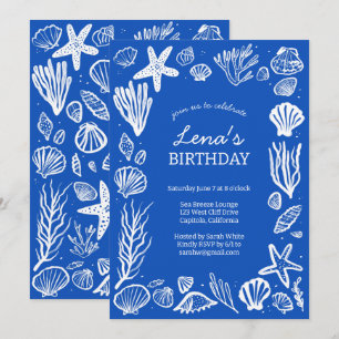 Convites Conchas Marinhas Quadro Festa de Aniversário Azul