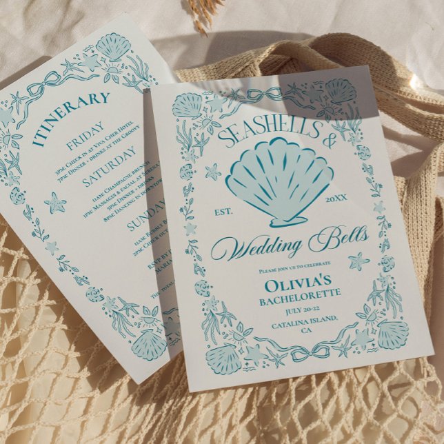Convites Conchas Marinhas & Sininhos de Casamento Despedida (Seashells & Wedding Bells Bachelorette Invitation)