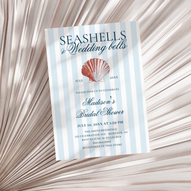 Convites Conchas Marinhas & Sininhos de Casamento Listrado  (Criador carregado)