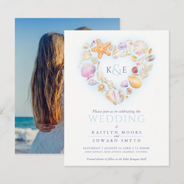 Convites Conchas marítimas cor d'água coração praia azul (Frente/Verso)