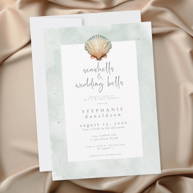 Convites Conchas Mínimas & Sinais de Casamento Chá de Noiva (Minimal Seashells & Wedding Bells Bridal Shower Invitation)