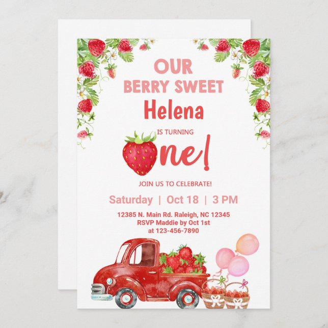 Convites Concurso de aniversário de uma menina de morango. (Frente/Verso)