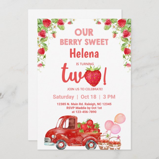 Convites Concurso de aniversário de uma menina de morango. (Frente/Verso)