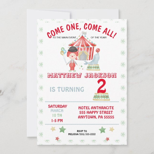 Convites Concurso de aniversário do Circus, venha um, venha (Frente)