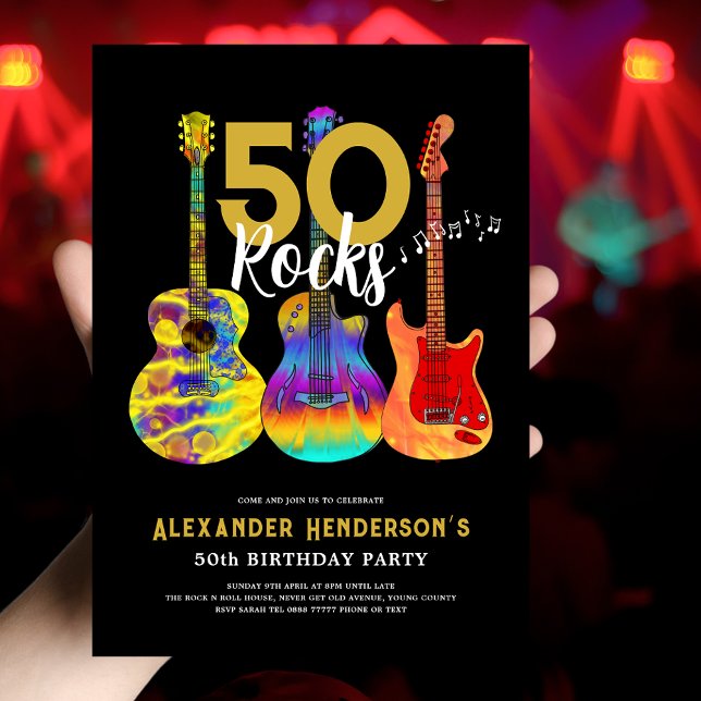 Convites Concurso de aniversário do Rock and Roll 50th (50th birthday party invitation for him 50 rocks funky psychedelic guitar music black and gold )