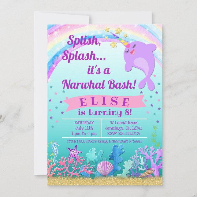 Convites Concurso de Aniversário Narwhal, Festa de Piscinas (Frente)