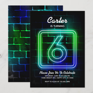 Convites Concurso de aniversário Neon para Boy 6 Birthday