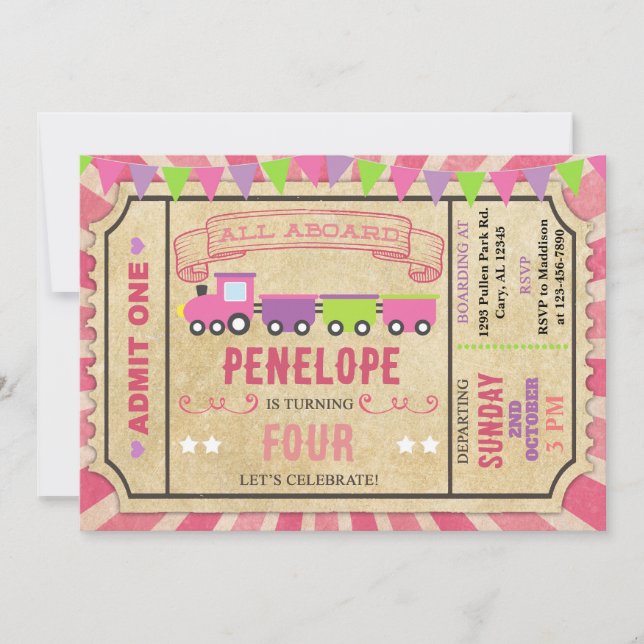 Convites Concurso de aniversário para a garota do trem. (Frente)