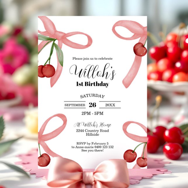 Convites Concurso de aniversário para Arcos Cherry Coquette (Coquette Cherry 1st Birthday Invitation Cherry Birthday Invitation Bows and Cherries)
