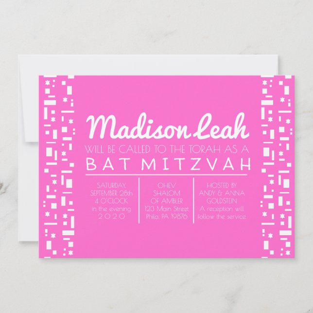 Convites Concurso de Bat Mitzvah PINK Stars & Squares (Frente)