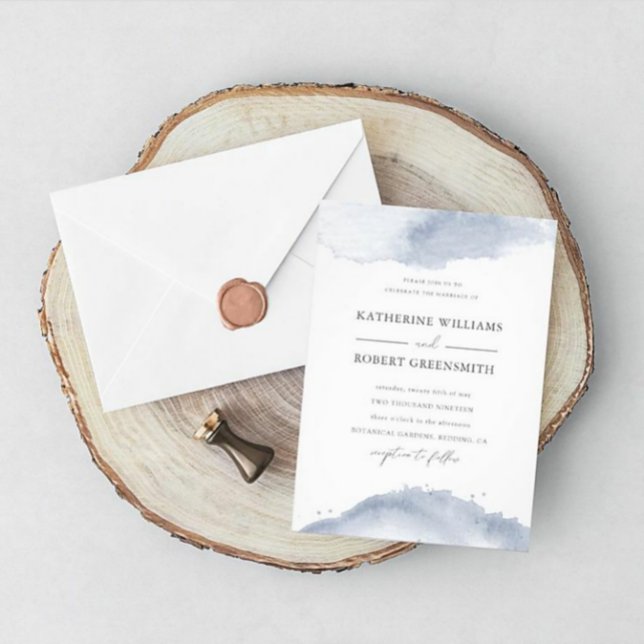 Convites Concurso de Casamento Azul Elegante Dourado Dusty (Criador carregado)