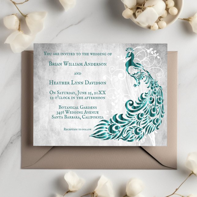 Convites Concurso de Casamento com Vinha de Palha Peacock (Teal Peacock Leaf Vine Wedding Invitation)