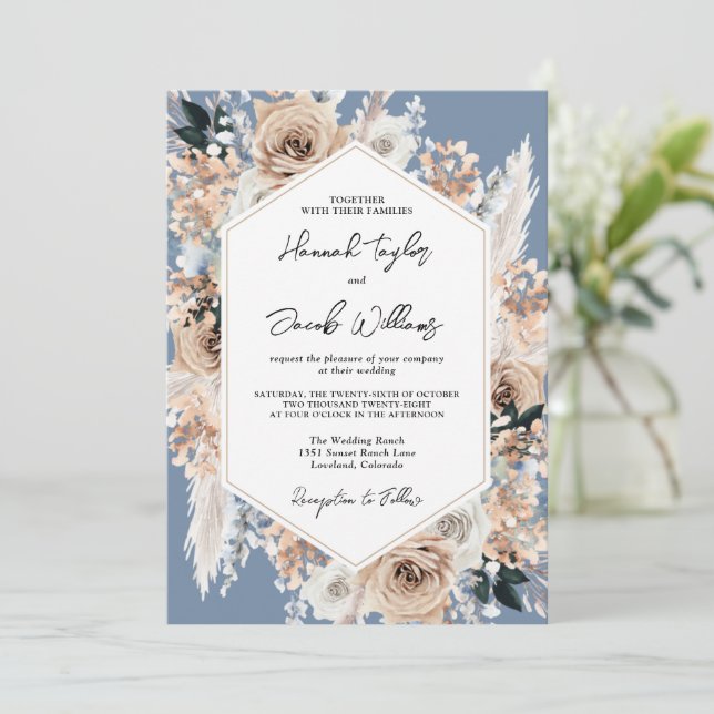 Convites Concurso de Casamento de Boho Floral Dusty Blue (Em pé/Frente)